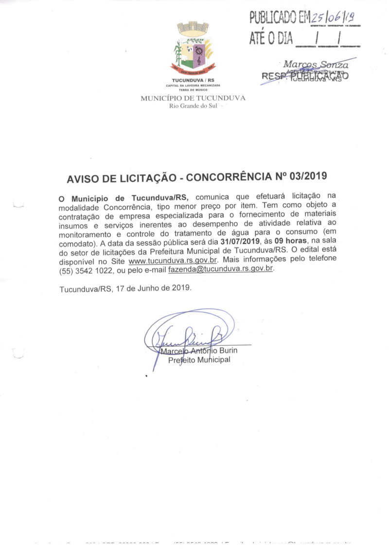 AVISO DE CONCORRÊNCIA PÚBLICA Nº 03/2019 - CONTROLE E TRATAMENTO DE ÁGUA